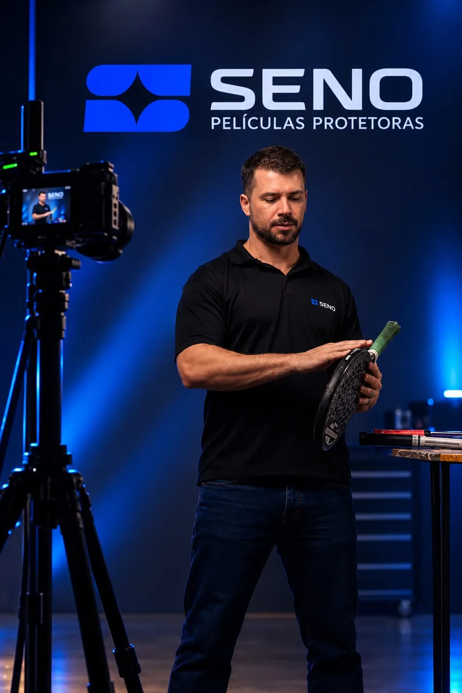 Ronan no estúdio da Seno, com o logo da marca ao fundo, segurando uma raquete de beach tennis diante da câmera